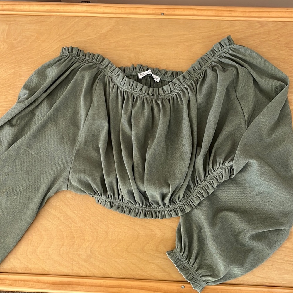 Zara Ruched Olive Green Off The Shoulder Crop Top